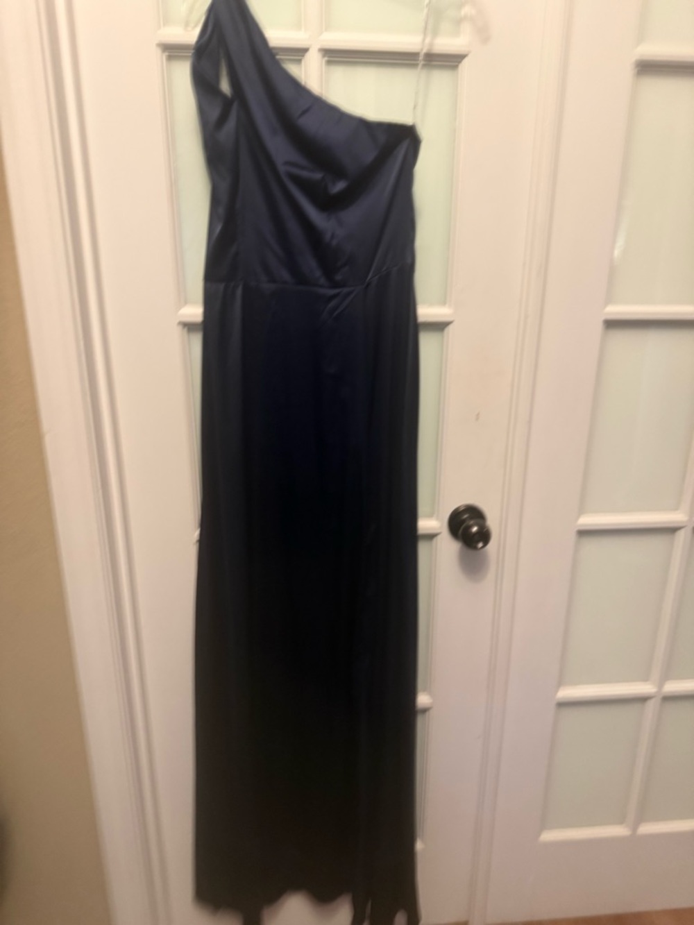 David's Bridal Navy One-Shoulder Formal Gown